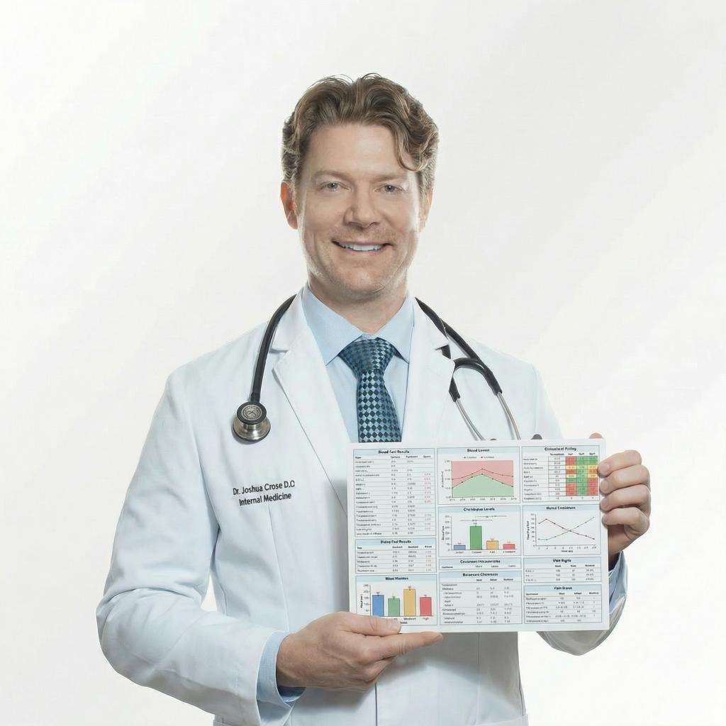Dr. Joshua Crose, D.O., holding a comprehensive lab panel at Capitis Medical & Aesthetics