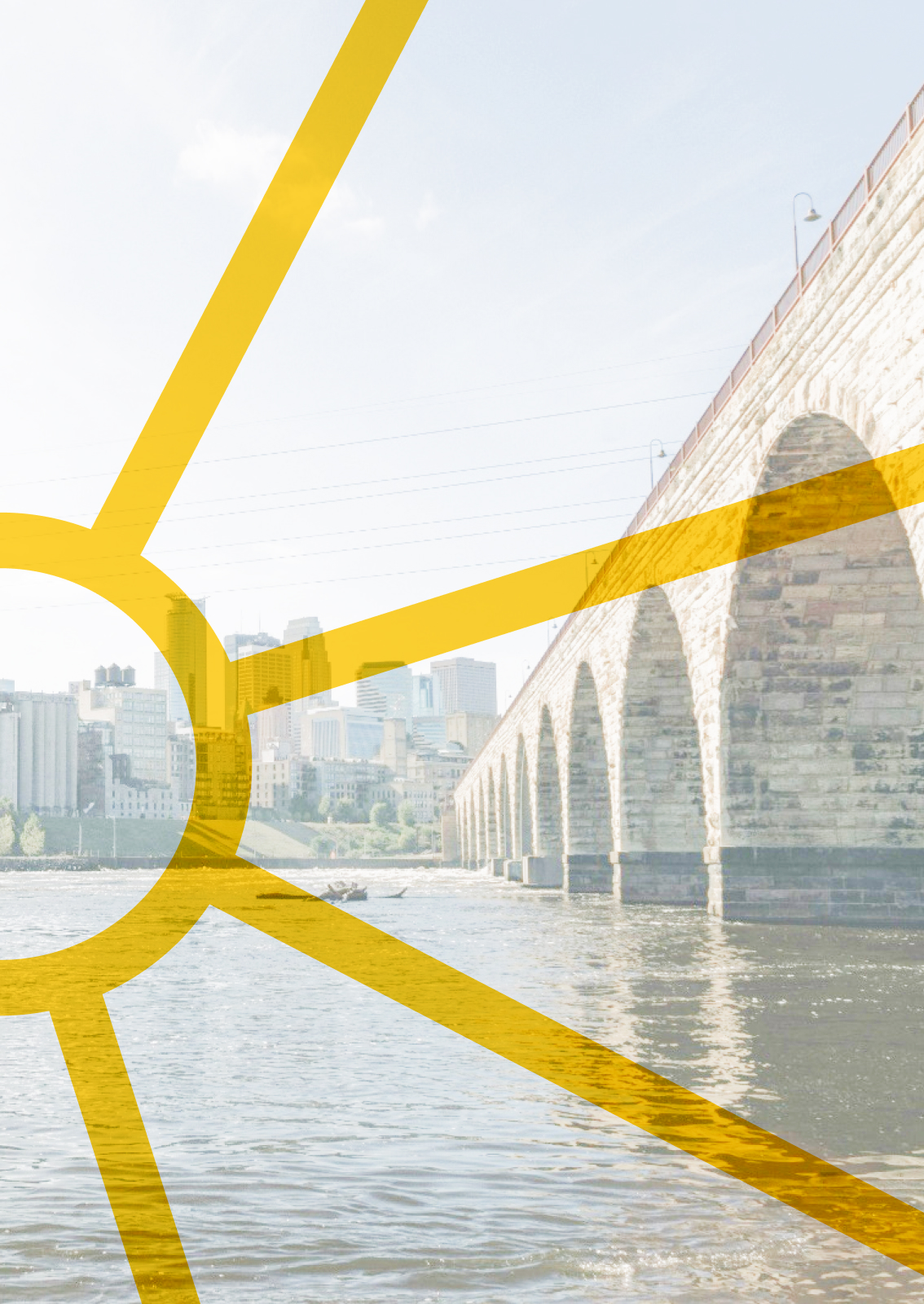 Apricity sunshine mark overlaying the stone arch bridges located downtown Minneapolis