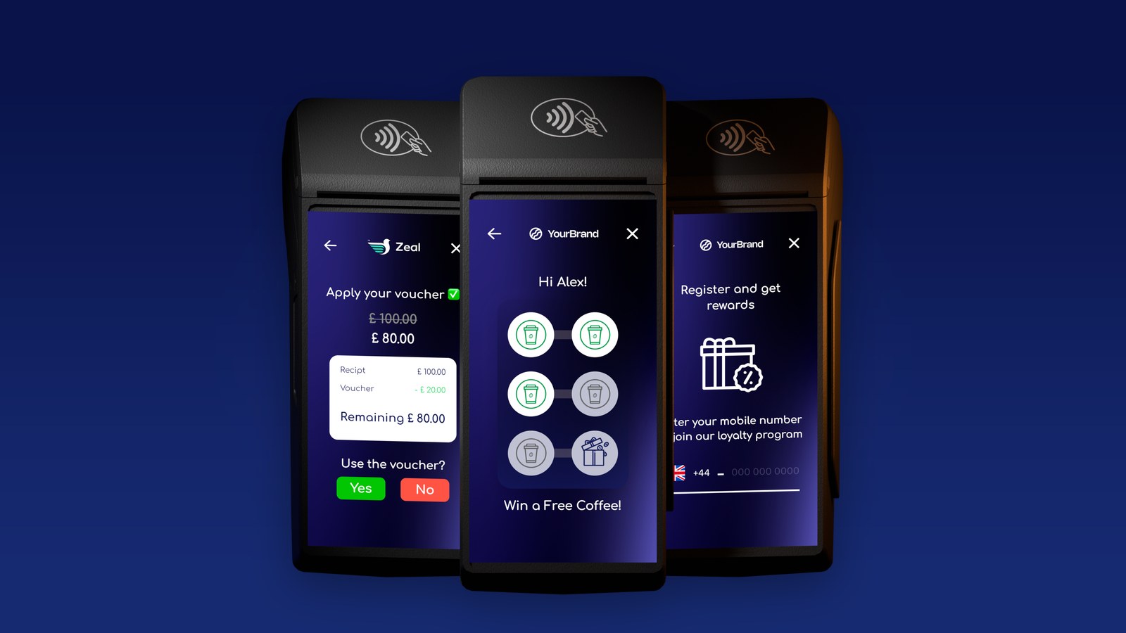 Three Zeal payment terminals showing value-added services: voucher redemption, a loyalty stamp card and loyalty sign-up