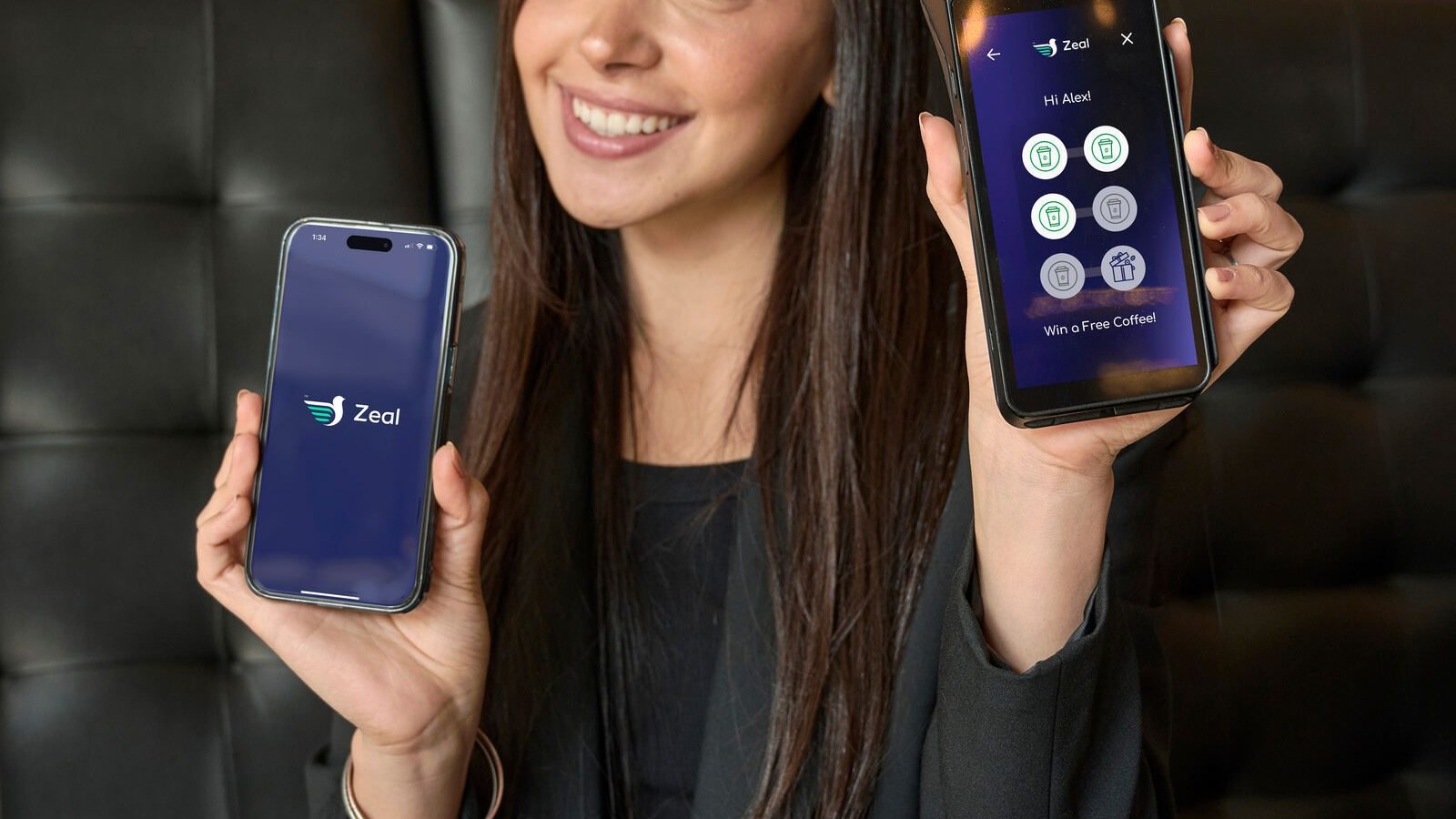Customer holding a phone and a Zeal-enabled card machine