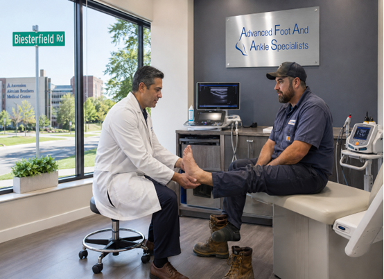 Podiatrist examining a diabetic patient's foot at Advanced Foot and Ankle Specialists in Elgin, IL