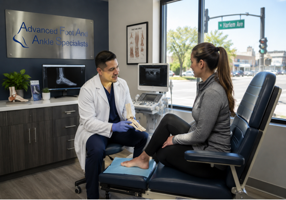 Podiatrist examining a diabetic patient's foot at Advanced Foot and Ankle Specialists in Elgin, IL