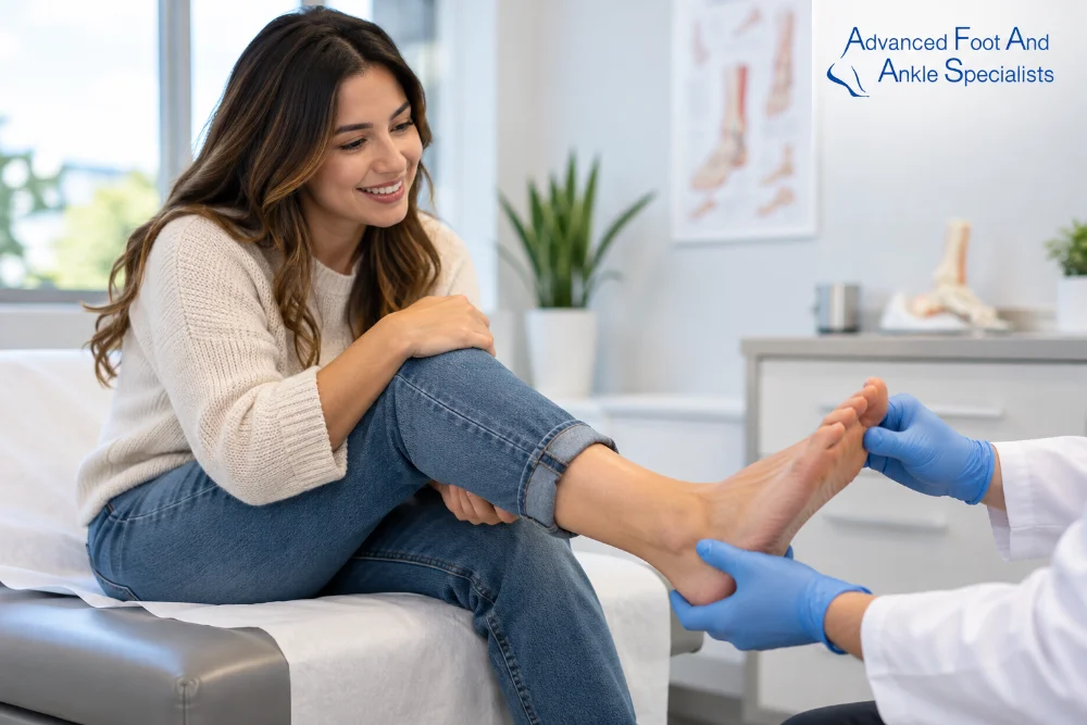 Woman having her foot and ankle examined by a gloved practitioner during her first podiatrist appointment in Chicago, IL.