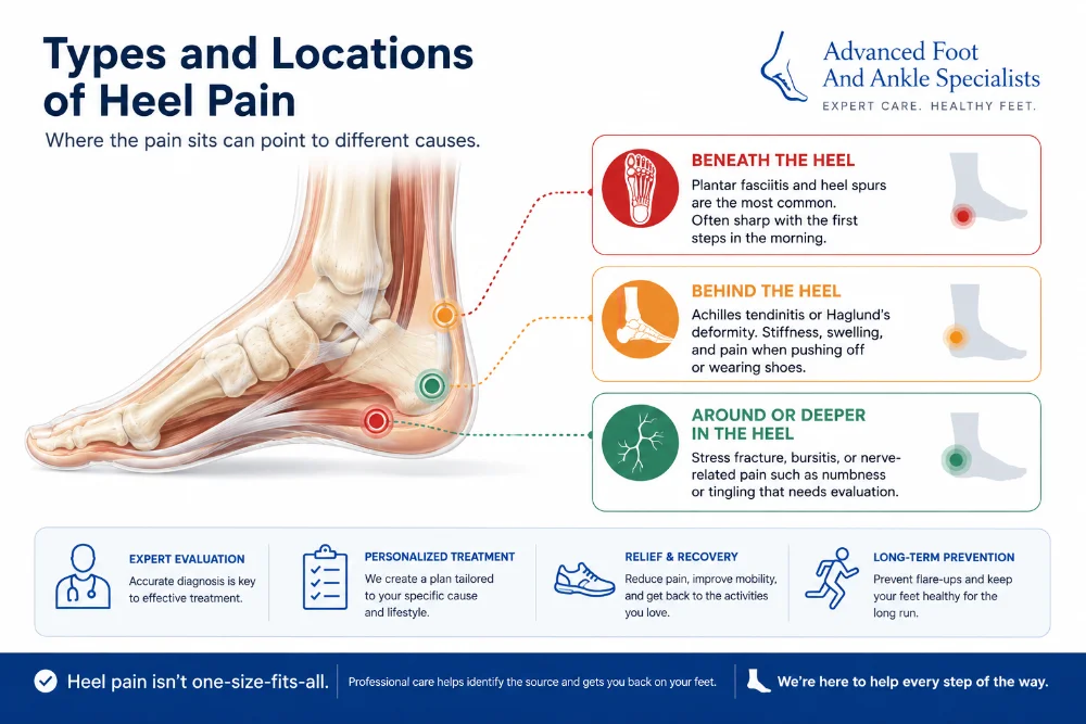 Educational infographic showing pain beneath, behind, and deeper in the heel, with possible causes including plantar fasciitis, heel spurs, Achilles tendinitis, bursitis, stress fractures, and nerve-related pain.