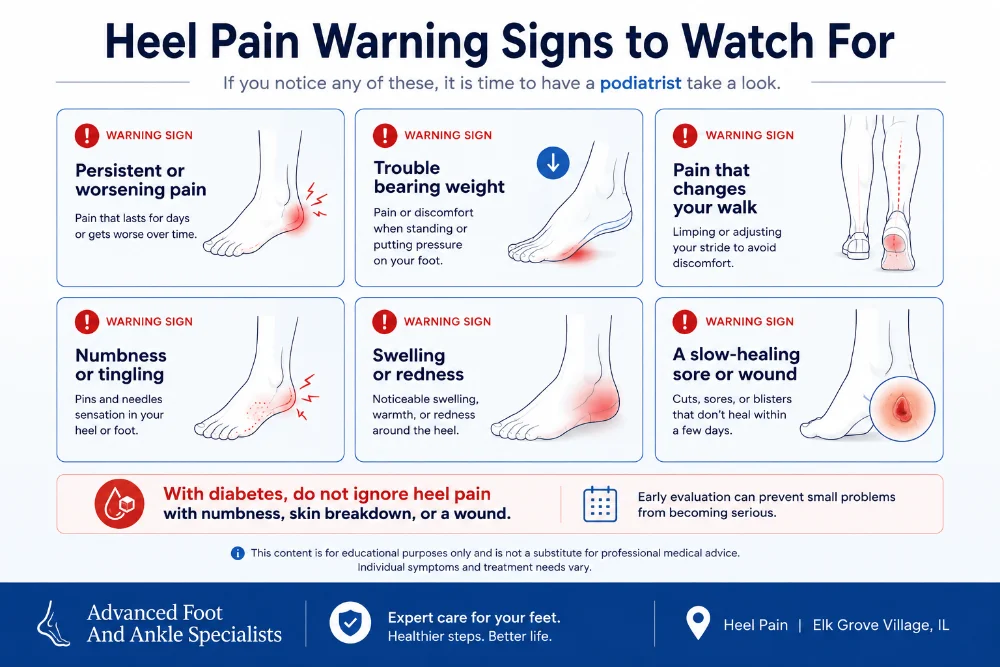 Infographic showing heel pain warning signs, including worsening pain, trouble bearing weight, numbness, swelling, gait changes, and slow-healing wounds.