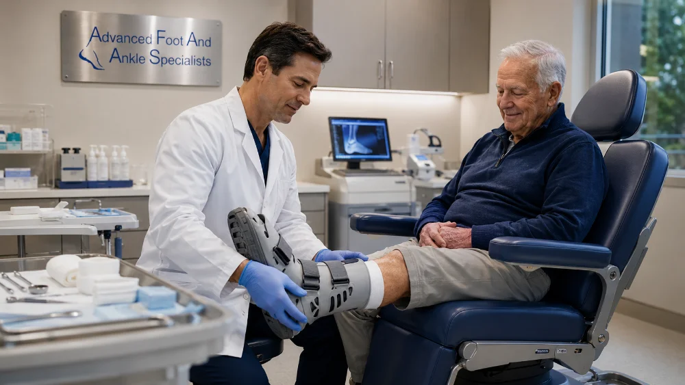 Wound Care in Elk Grove Village, IL showing a podiatrist securing an offloading walking boot after wound dressing to help reduce pressure on a diabetic foot wound 