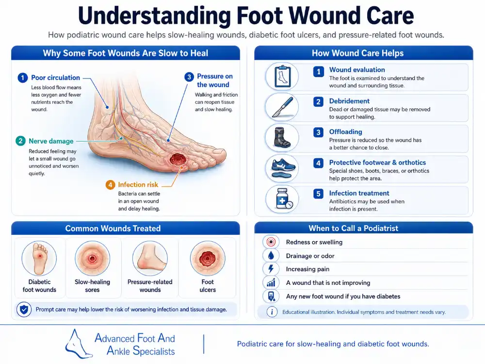 Wound Care in Elk Grove Village, IL infographic showing causes of slow-healing foot wounds, wound care treatments, common wound types, and signs to call a podiatrist.