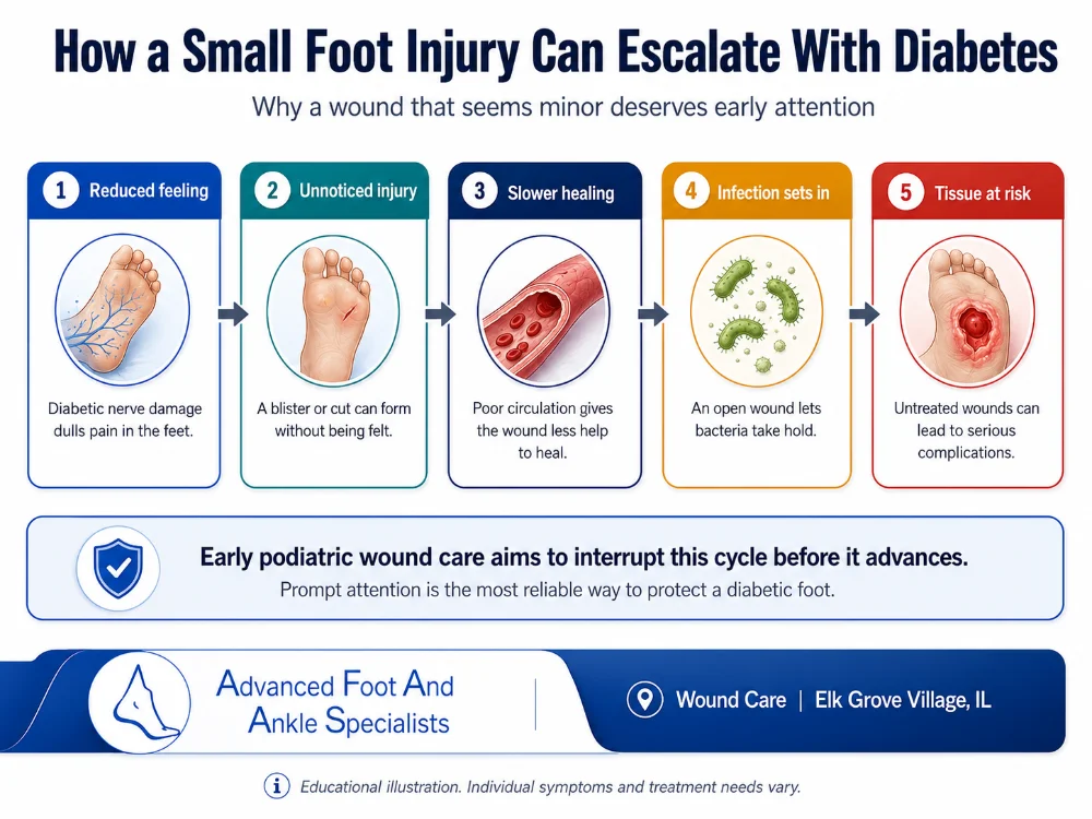 Wound Care in Elk Grove Village, IL infographic showing how a small diabetic foot injury can progress from reduced feeling and slower healing to infection and tissue risk. 