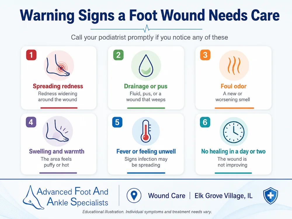 Wound Care in Elk Grove Village, IL infographic showing warning signs a foot wound needs care, including spreading redness, drainage or pus, foul odor, swelling, fever, and delayed healing. 