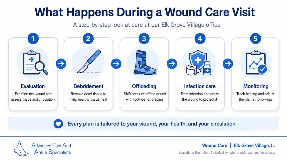 Infographic showing what happens during a wound care visit in Elk Grove Village, IL, from wound evaluation and debridement to offloading, infection care, and monitoring. 