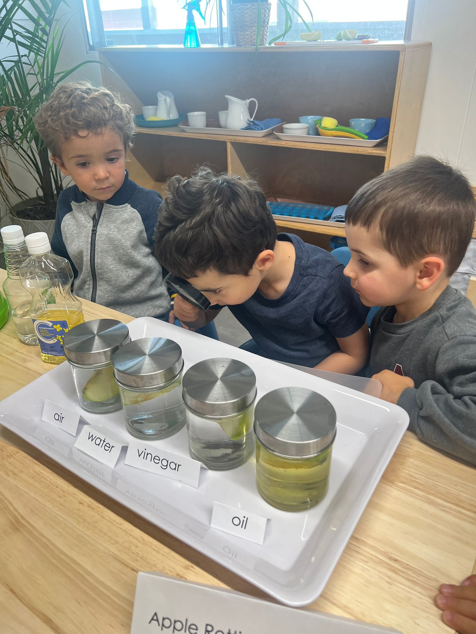 2 students smiling and looking at a computer screen