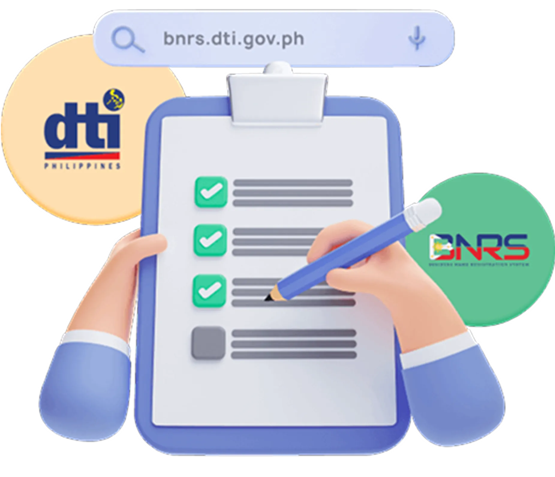 Illustration of a clipboard checklist being filled out, with 'bnrs.dti.gov.ph' in a search bar and DTI and BNRS logos, symbolizing business registration.