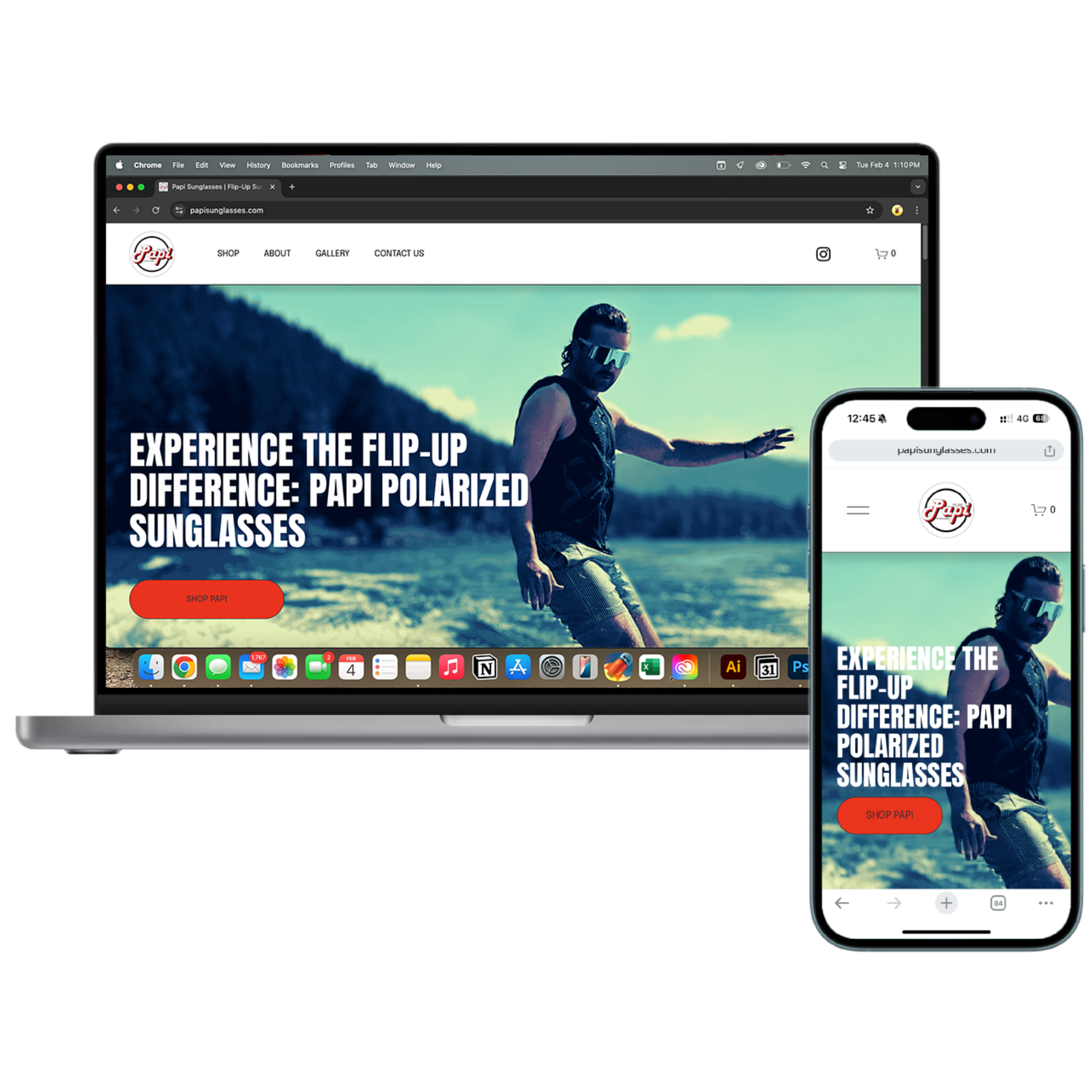 Responsive website design for Papi Sunglasses shown on desktop and mobile