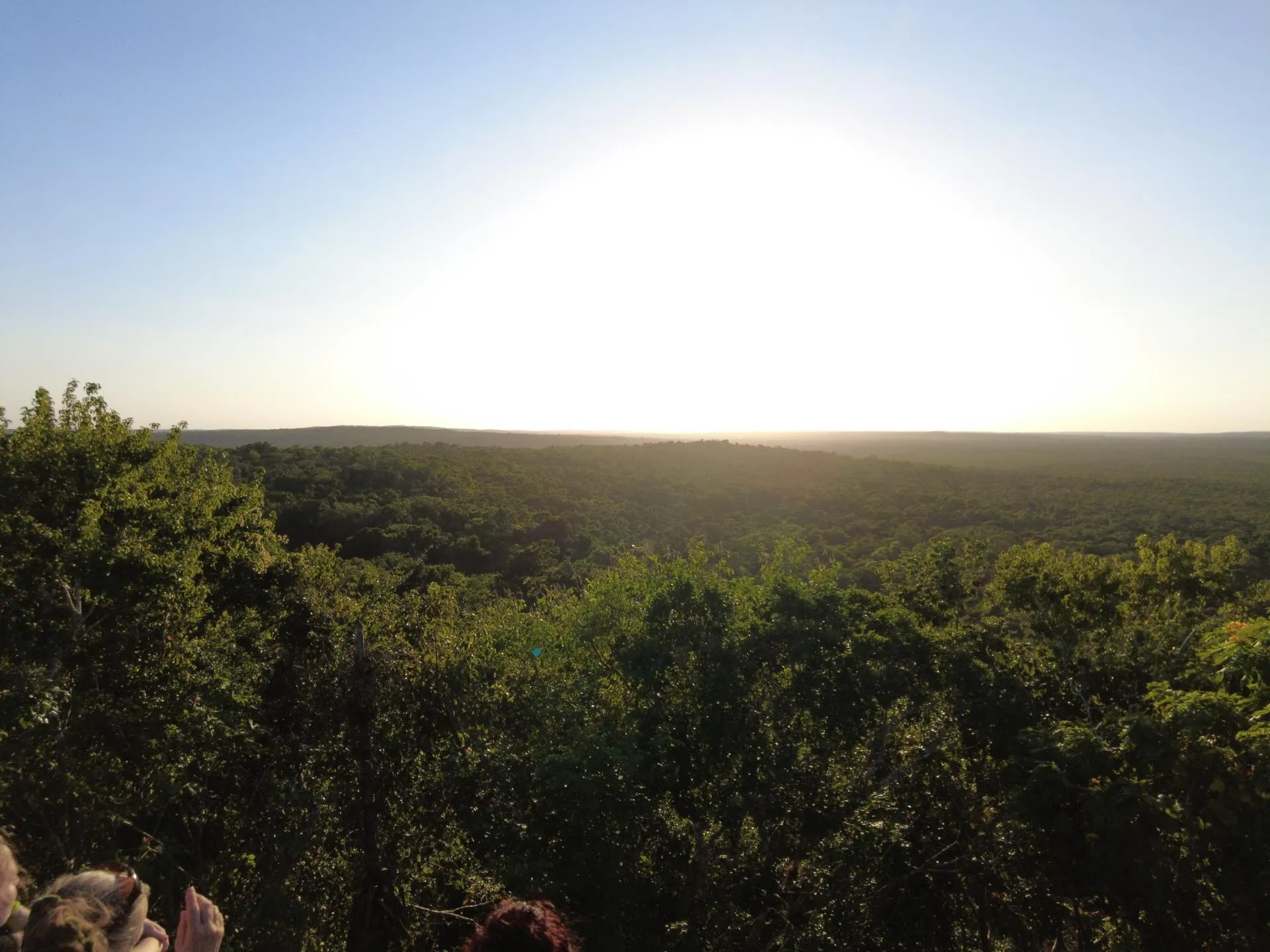 Sunrise or sunset over a dense forest with a clear sky and people observing from the foreground.