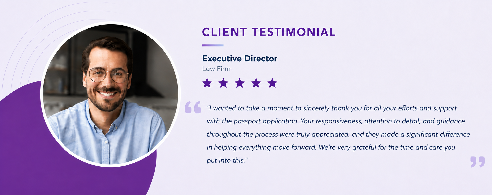 Client testimonial banner featuring an executive director from a law firm praising Hudson McKenzie’s support with a passport application.