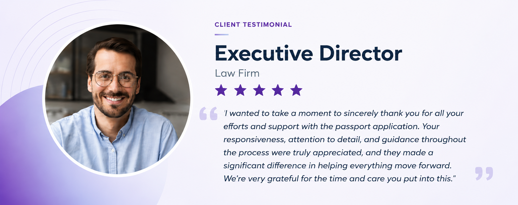 Client testimonial banner featuring an executive director from a law firm praising Hudson McKenzie’s support with a passport application.