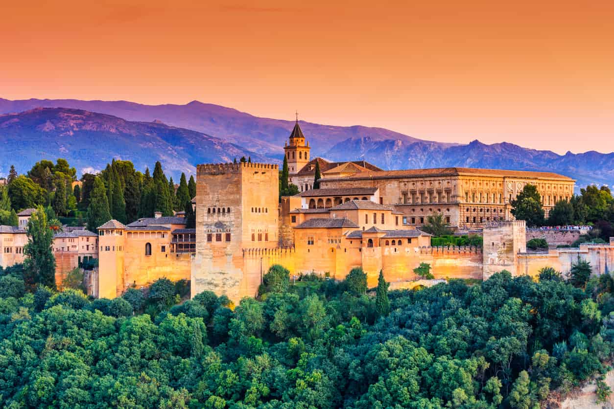 The Alhambra palace and fortress in Granada, Spain, at sunset