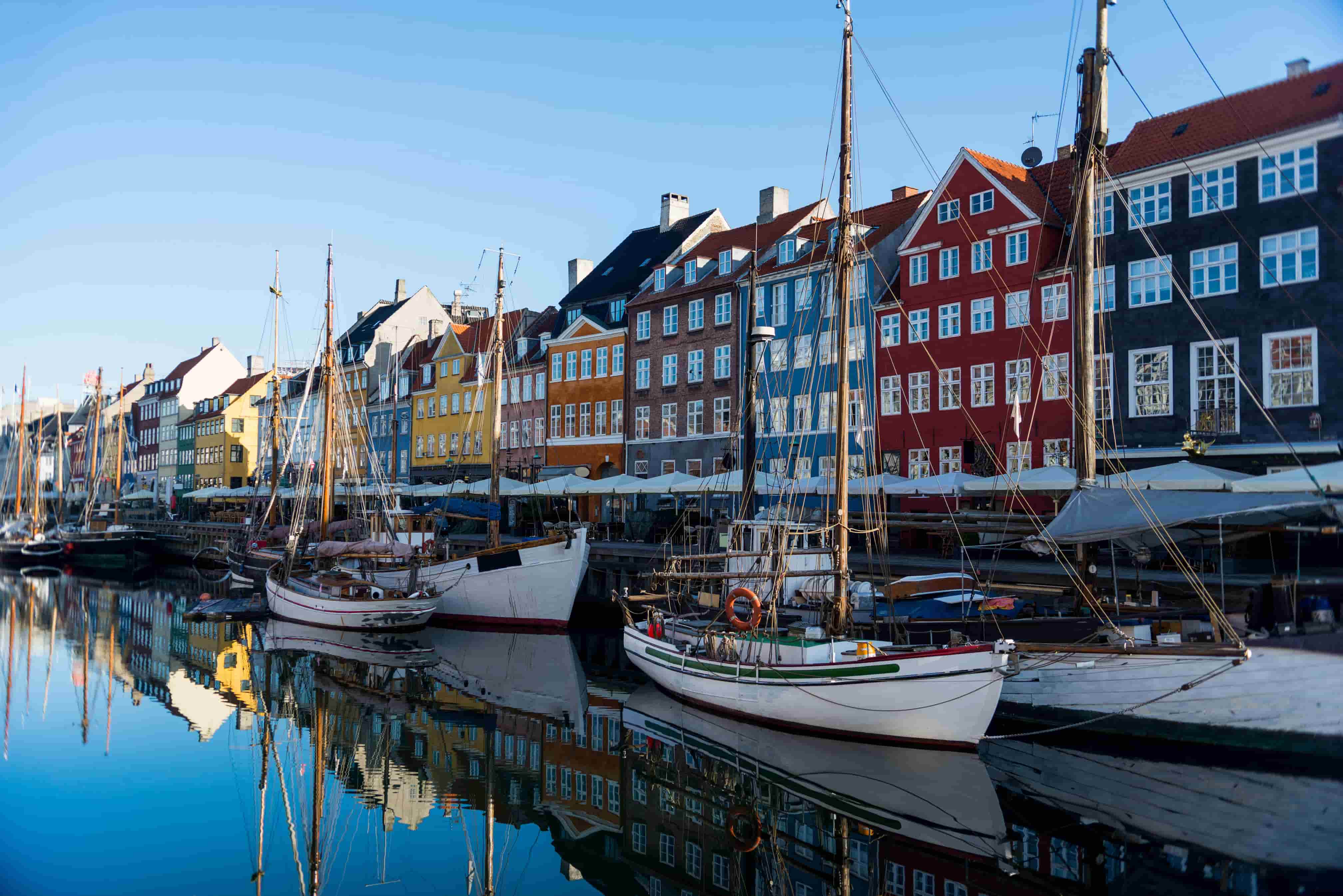 Colourful waterfront buildings and boats in Copenhagen, Denmark
