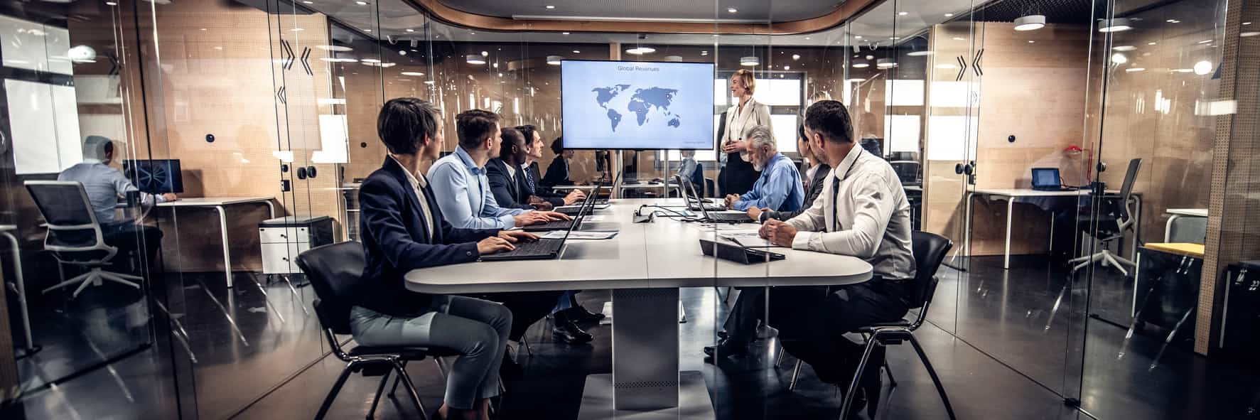Business leaders discussing international expansion and global market strategy