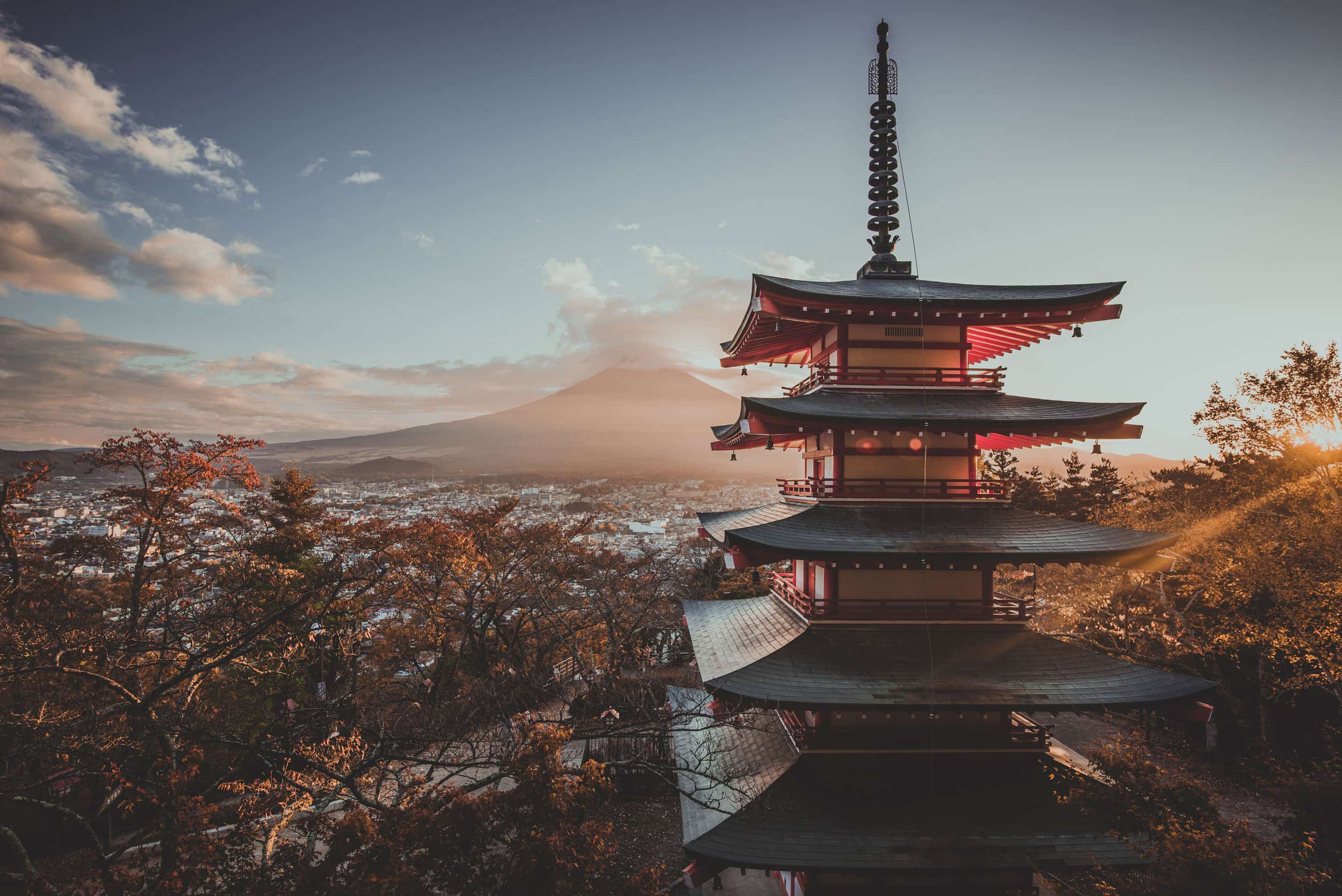 Chureito Pagoda overlooking Mount Fuji in Japan at sunset
