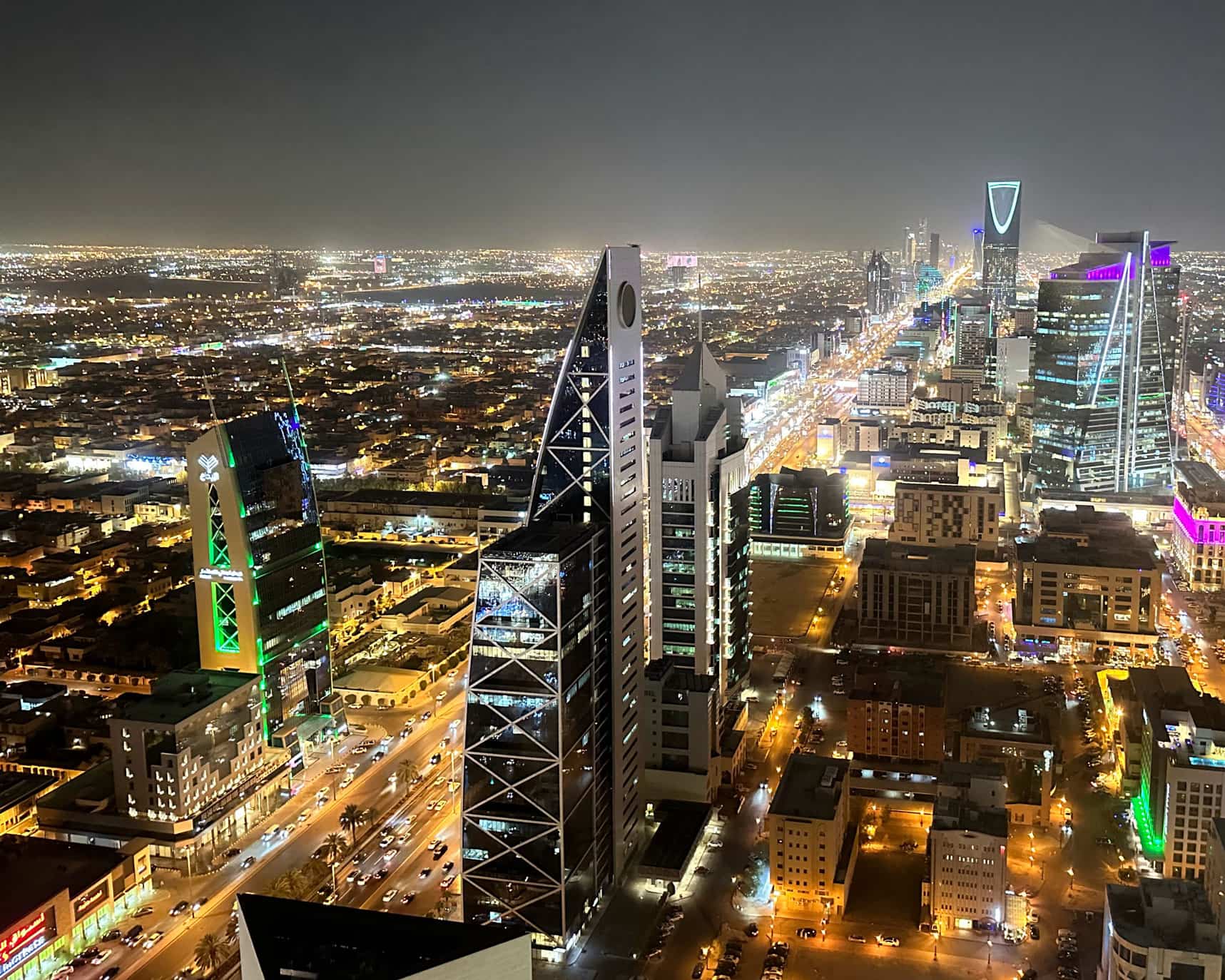 Riyadh skyline at night with the Kingdom Centre, Saudi Arabia