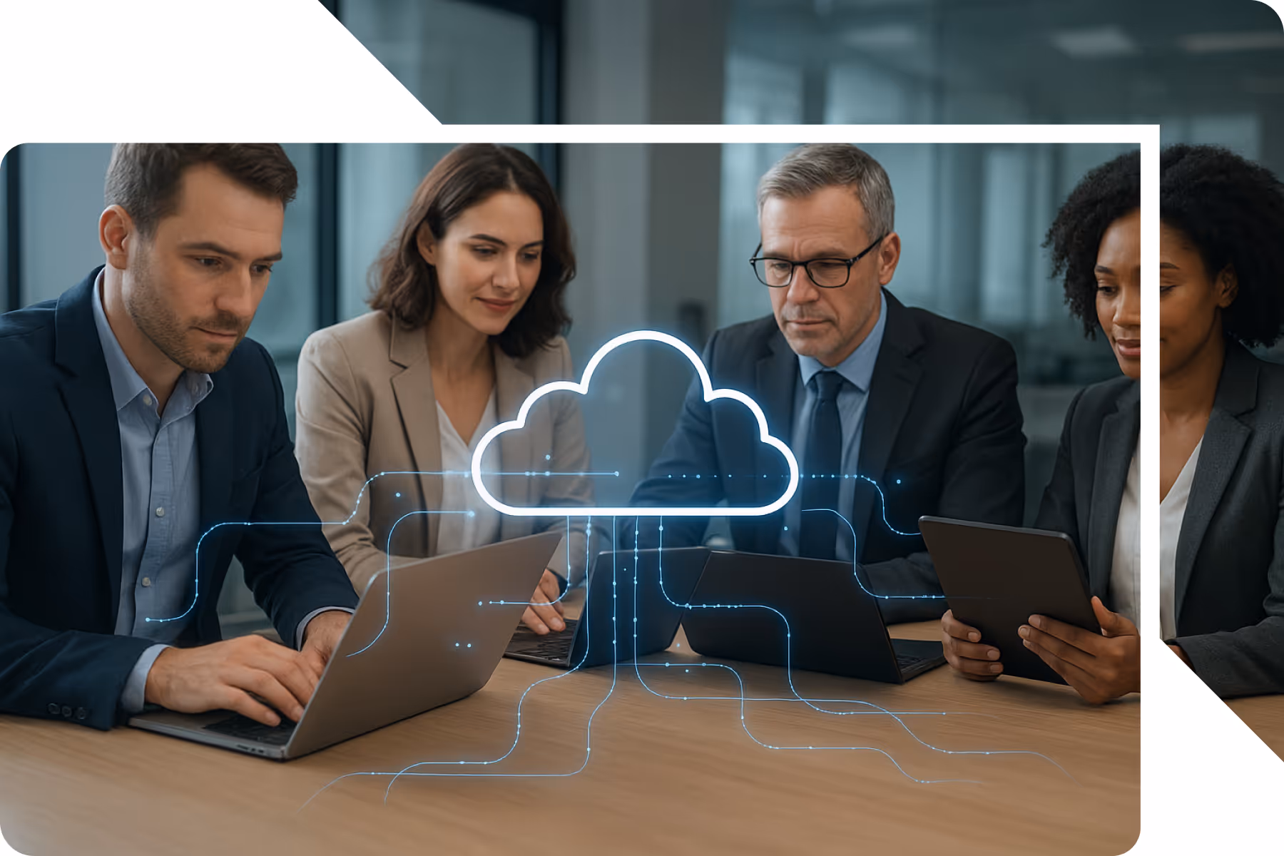 Executives collaborating on laptops with cloud technology, illustrating a turnkey loan origination system.