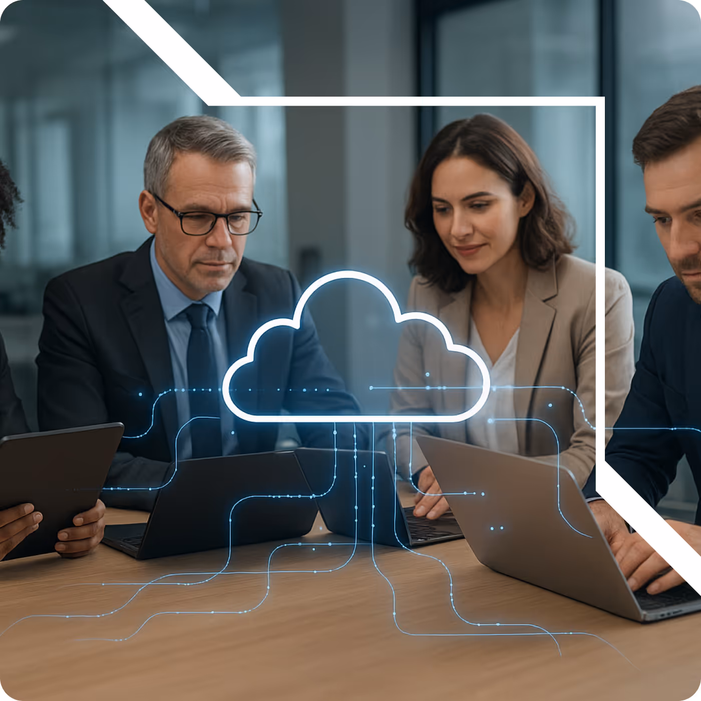 Business team using laptops with a cloud technology graphic, representing a turnkey loan origination system.