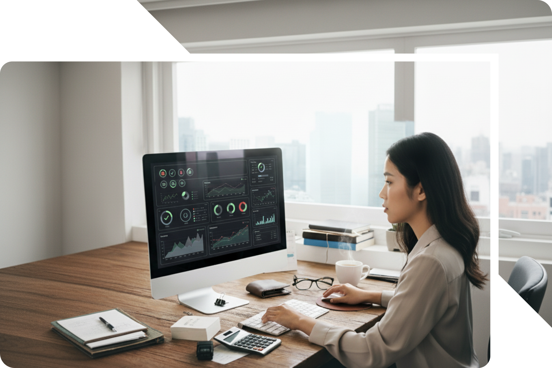 Analyst reviewing automated credit decision software dashboard with real-time risk and performance data.