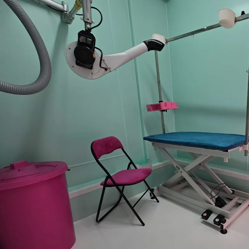A hand drier above a height adjustable table for pets. With a pink seat.