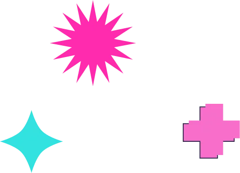 Three colorful geometric shapes: a pink starburst, a turquoise diamond, and a pink plus sign on a transparent background.
