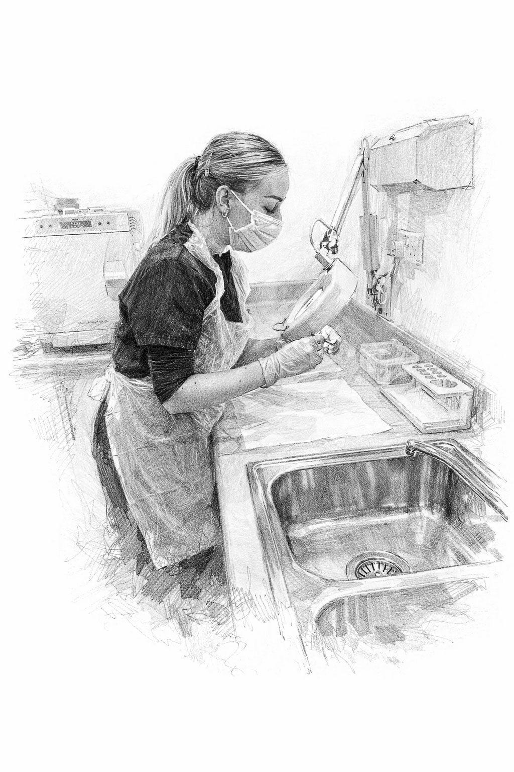 Person wearing a mask and apron examines an item at a kitchen sink.