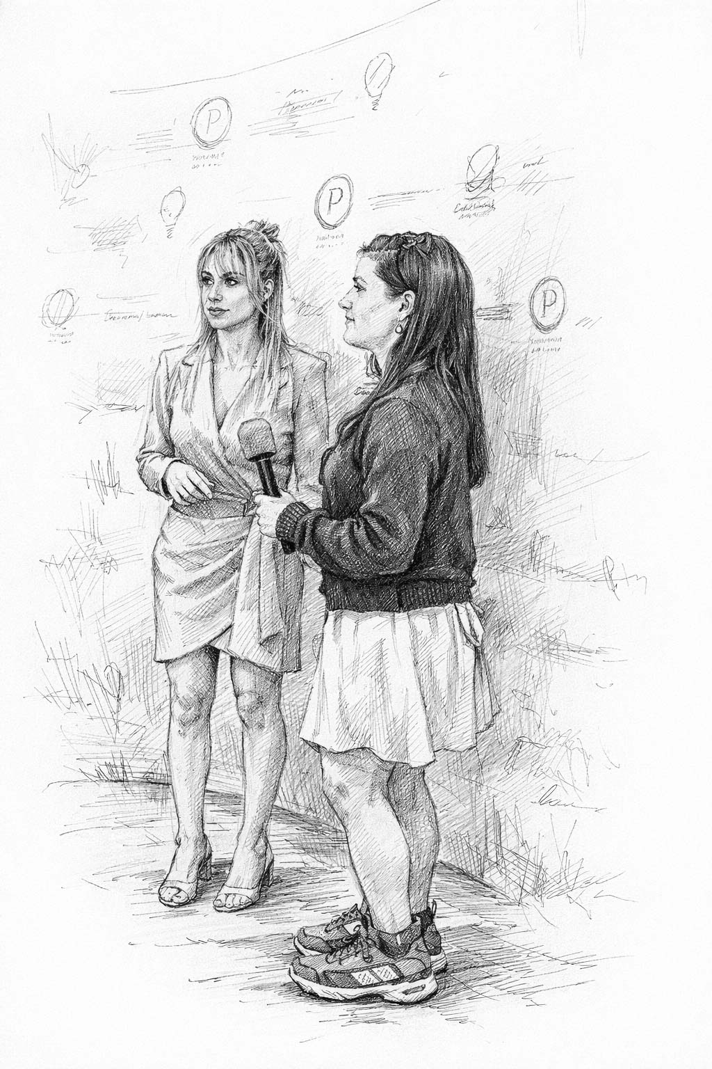 Two women stand talking; one holds a microphone, suggesting an interview or conversation.