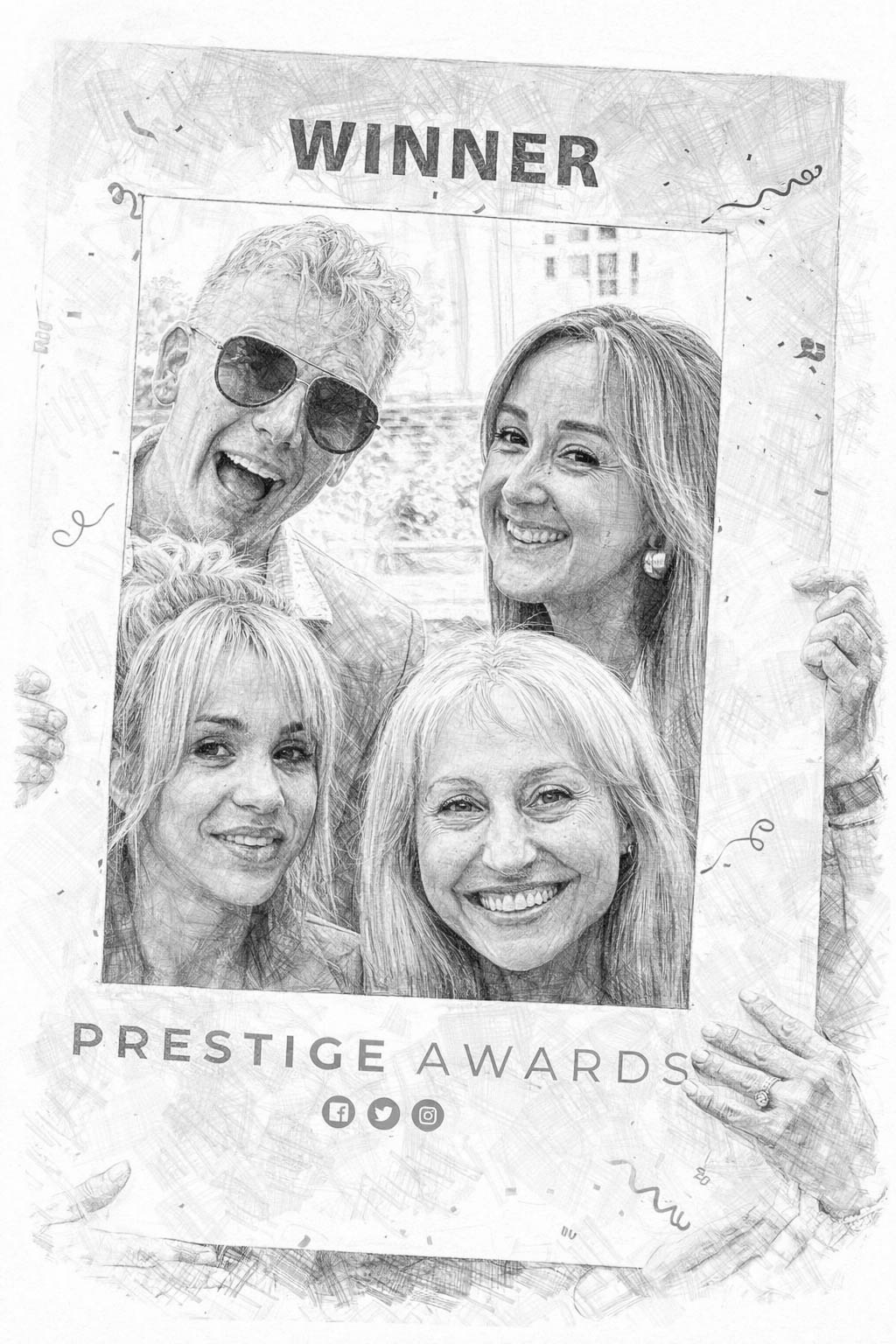 Four people smiling, holding a large "Winner" frame with "Prestige Awards" written at the bottom.