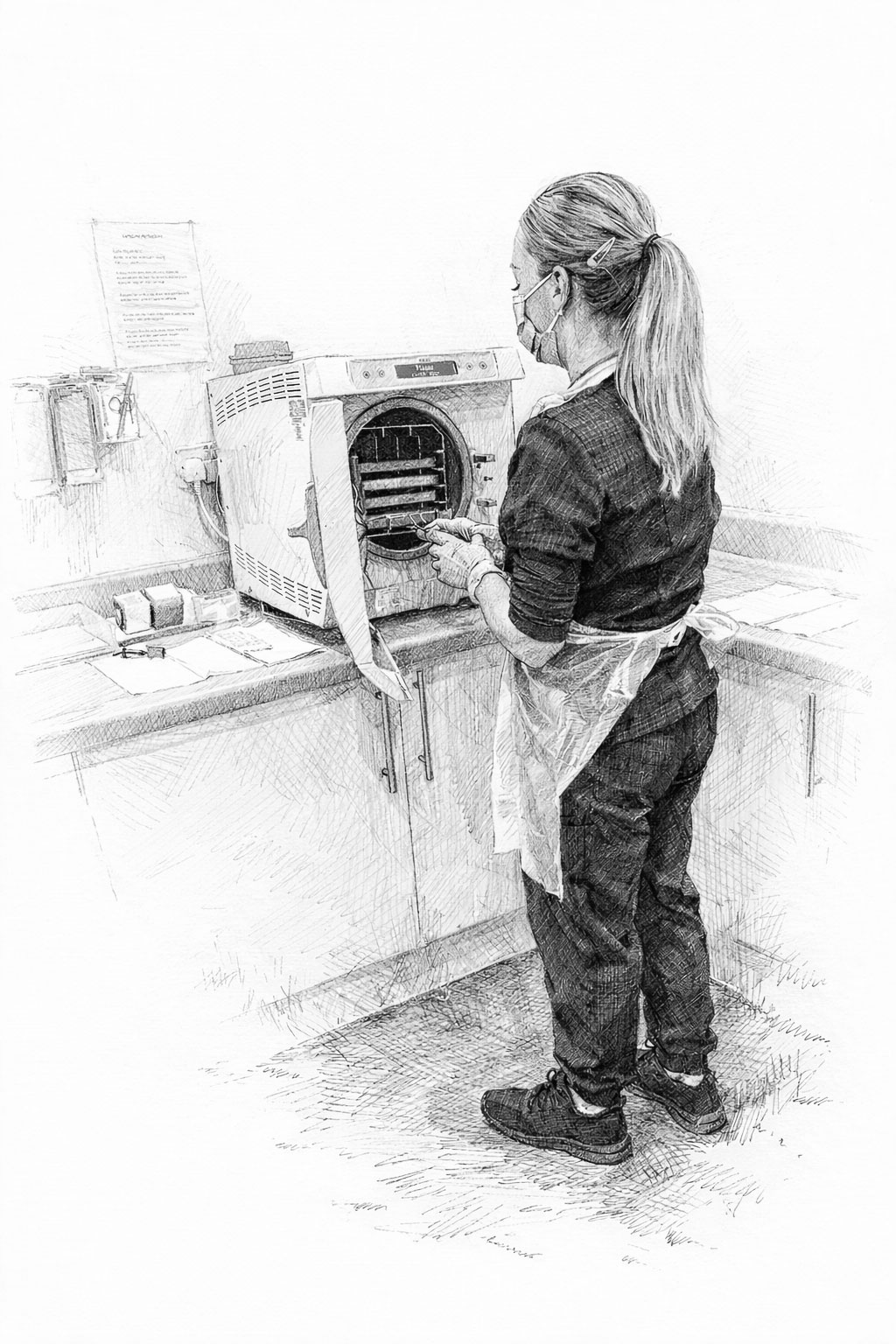 A person wearing an apron places items into a sterilizer machine in a medical setting.
