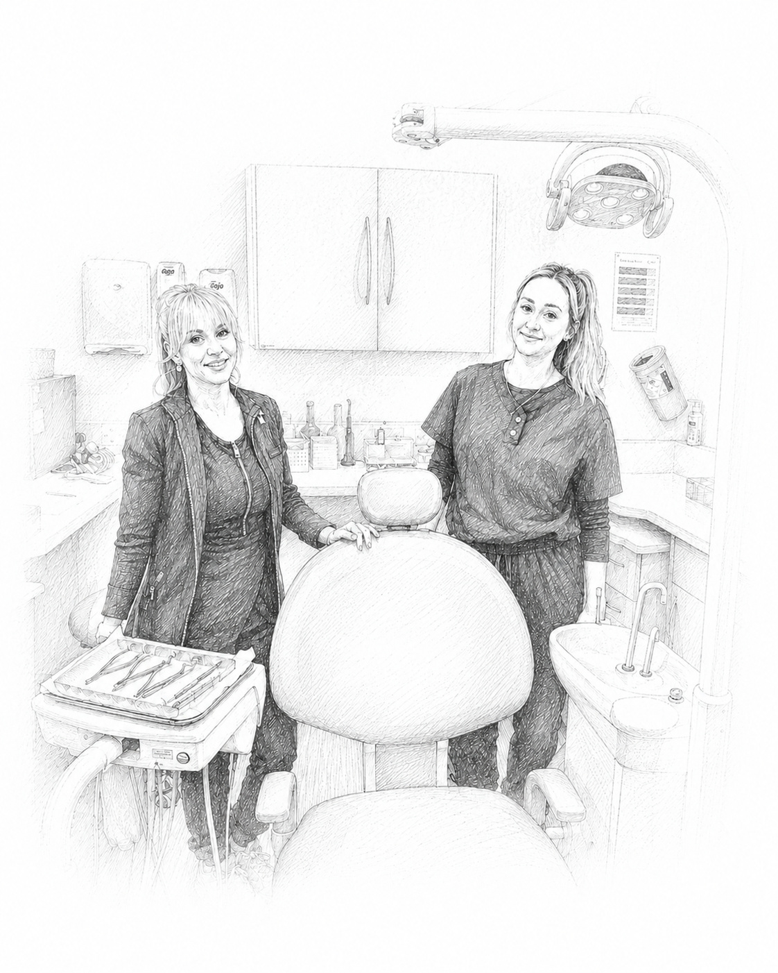 Two women standing in a dental office, smiling beside a dental chair.