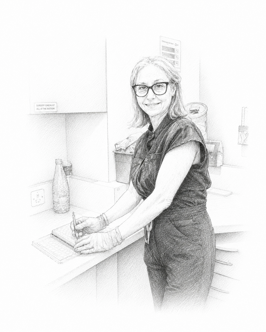 A person wearing glasses and gloves is preparing food on a kitchen counter.