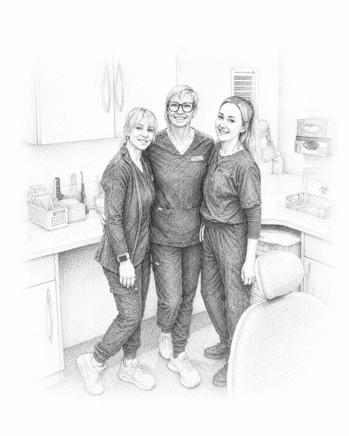 Three dental professionals in uniforms stand smiling together in a dental office.