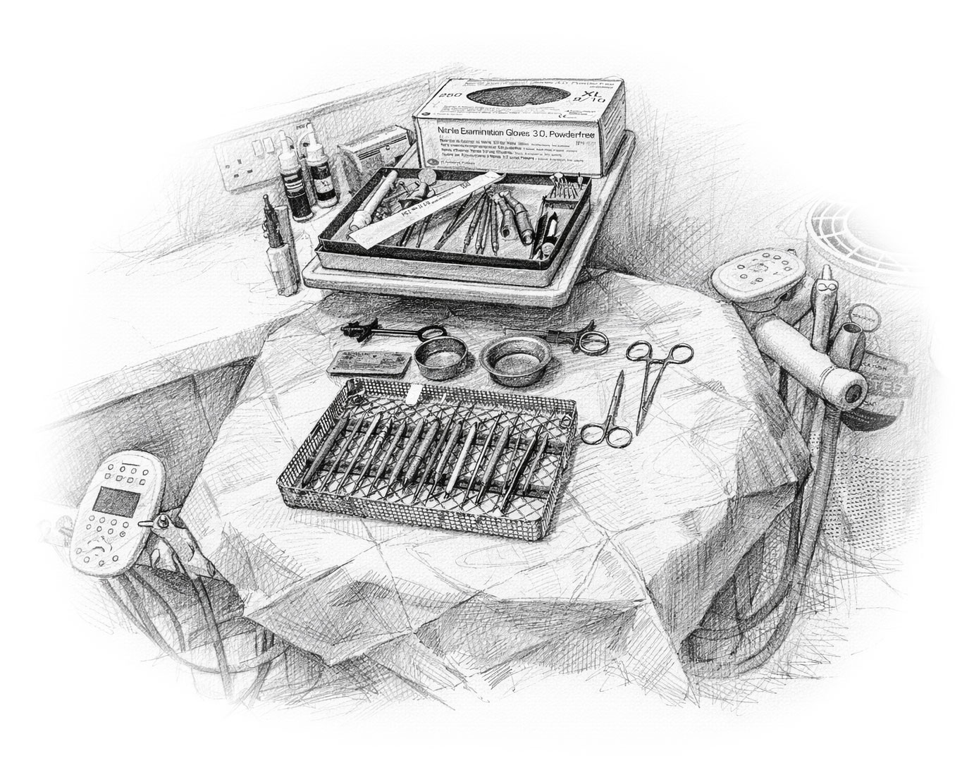 A set of dental tools arranged on a tray and table in a dental clinic.