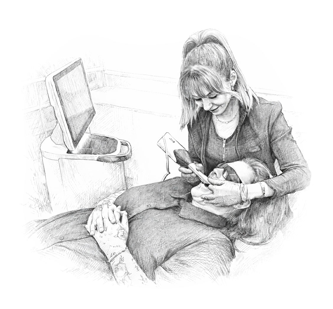 Woman smiling while performing a facial treatment on a reclining person with a face mask.