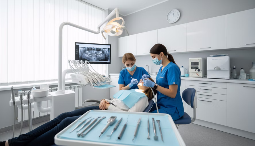 Dental nurse working with a dentist and patient in a UK dental practice, showing dental nursing as a career.