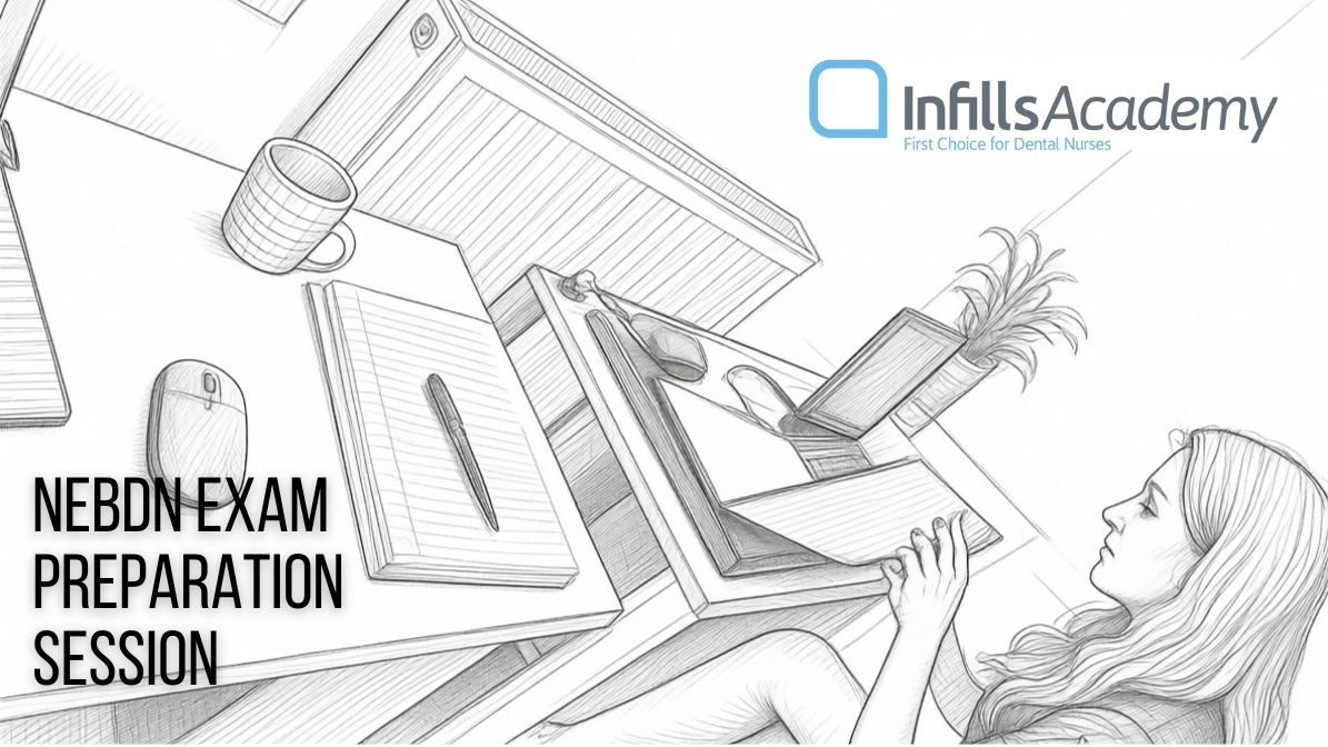 Illustration of a woman using a laptop with text reading “NEBDN Exam Preparation Session”