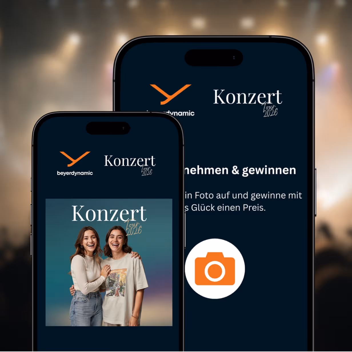 Two smartphones display the user interface of the OneVirtual web app featuring the branded beyerdynamic design.