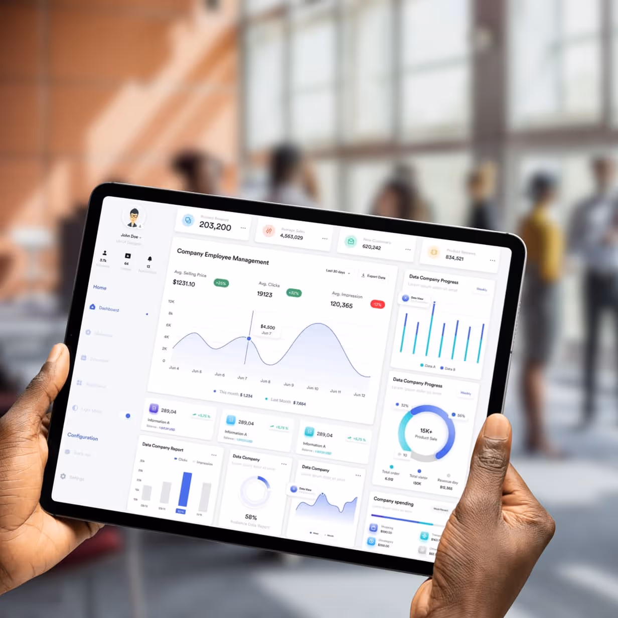 Hands are holding a tablet displaying a dashboard for analyzing data and statistics related to lead mechanics.