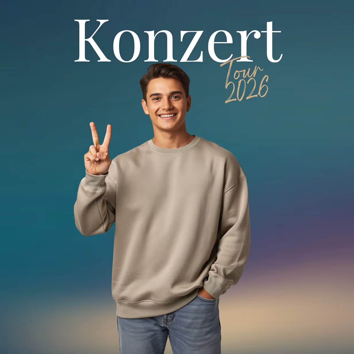 Smiling man making the peace sign, complemented by the "Concert Tour 2026" overlay.