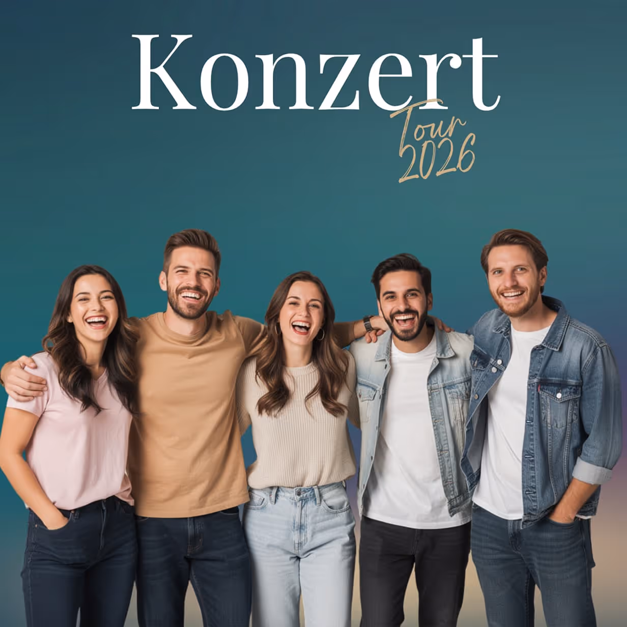 Five laughing people, complemented by the "Concert Tour 2026" overlay.