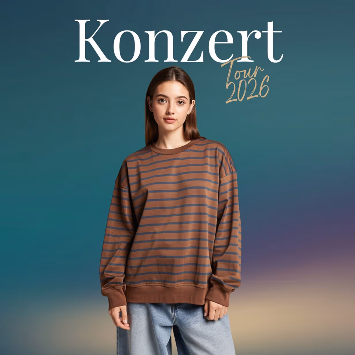 A woman in a striped sweater, complemented by the "Concert Tour 2026" overlay.