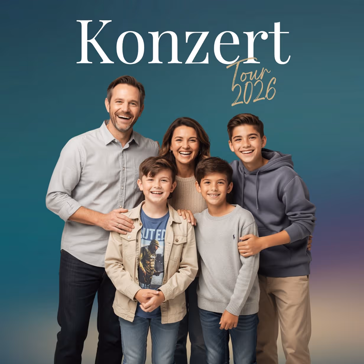 A family laughing together, complemented by the "Concert Tour 2026" overlay.