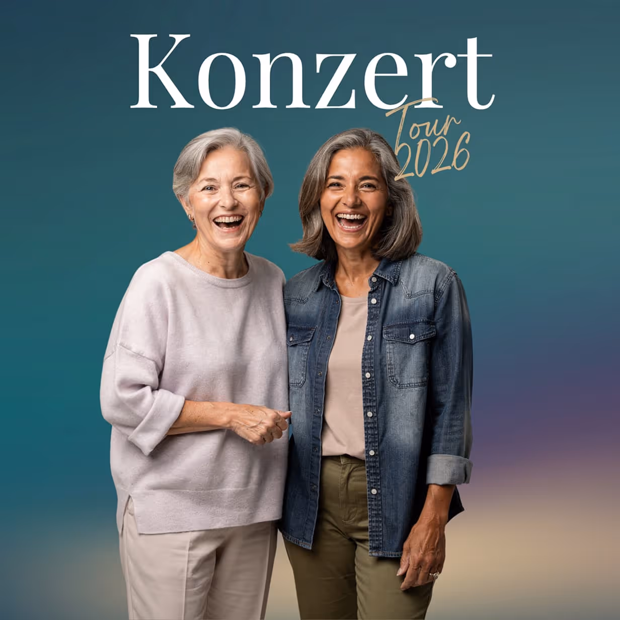Two cheerful women, complemented by the "Concert Tour 2026" overlay.