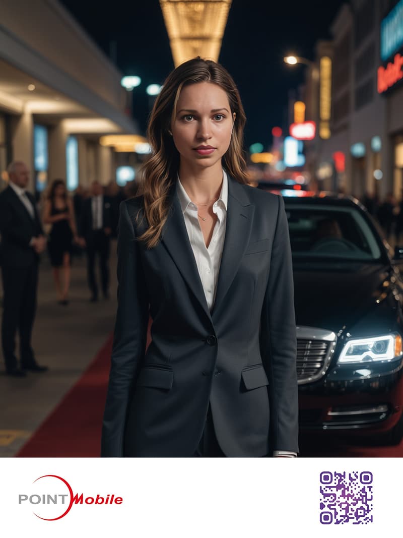 Woman in a suit on a red carpet, featuring a branded Point Mobile overlay.