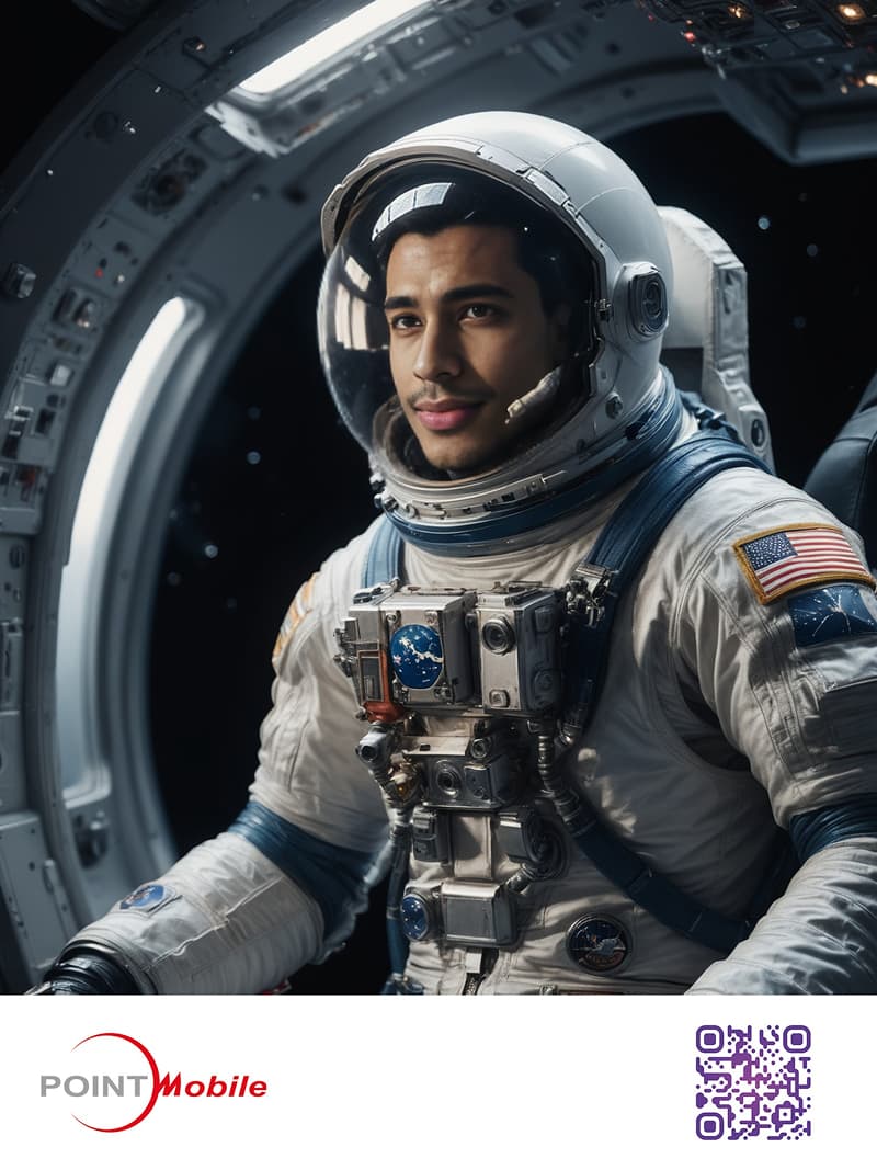 Astronaut in einem Raumschiff, ergänzt durch ein gebrandetes Point Mobile-Overlay.